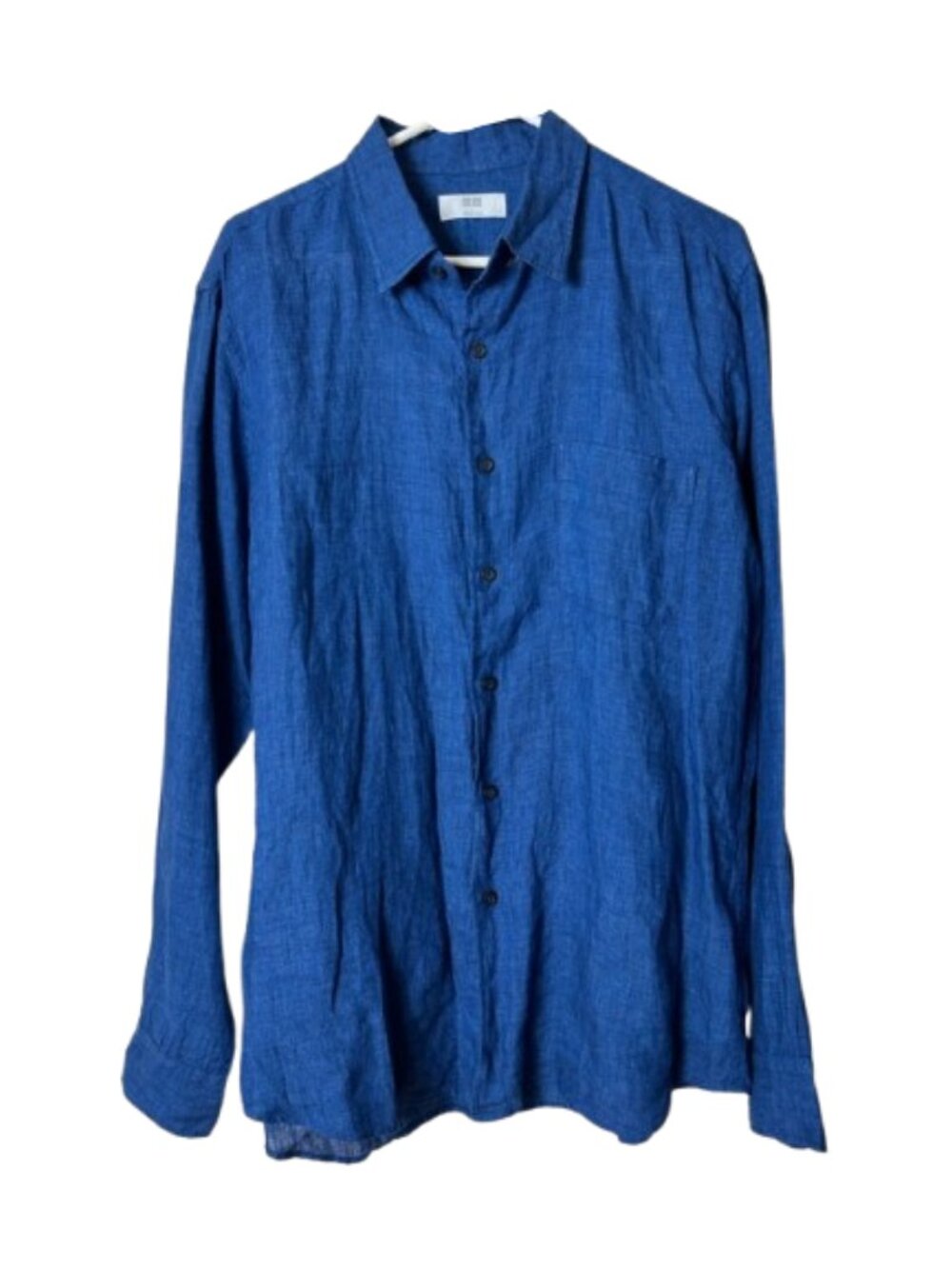 Uniqlo blue 100% linen long sleeve button up shirt men's L beachy resort